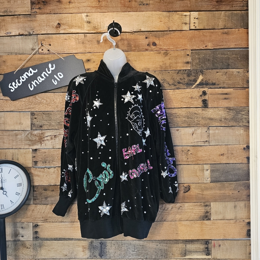 Bonnie Boerer Women's Vintage Black Velvet nightclub Sequin Stars Jacket sz M